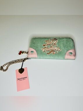 Juicy Couture Mint Green Velvet Wallet with Pink Trim and Gold Script